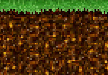 Cubic pixel game golden ore, grass and ground blocks pattern. Precious metal in soil, gold or amber nuggets underground eight-bit retro game vector background, arcade level square pixel textureのイラスト素材
