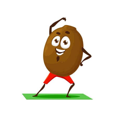 Cartoon character kiwi doing sport trainings isolated summer fruit mascot. Vector berry emoticon on fitness pilates yoga mat, tropical exotic food, kiwifruit dessert, Chinese gooseberry funny emojiのイラスト素材
