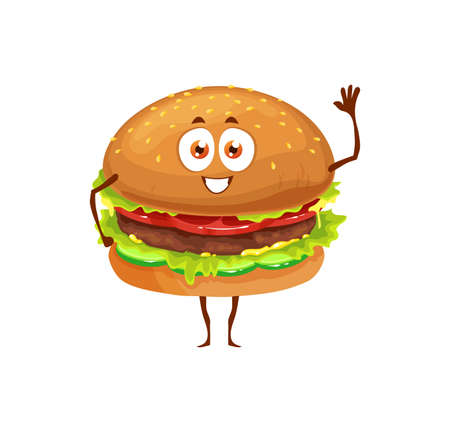 Cartoon funny fast food hamburger character. Vector fastfood meal mascot, happy burger emoji, beefburger with meat and vegetables waving hand. Junk meal character isolated on whiteのイラスト素材