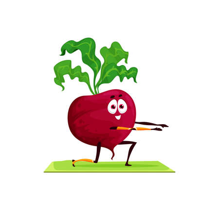 Cartoon beetroot with green leaves sport exercises trainings on mat isolated cartoon character. Vector fresh veggies hobby sport activity, healthy beet vegetable active way of life, fitness workoutのイラスト素材