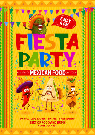 Mexican fiesta party flyer, cartoon avocado, jalapeno, quesadilla and burrito musician characters. Vector invitation poster for celebration holiday event. Chili pepper and tex mex personages of mexicoのイラスト素材
