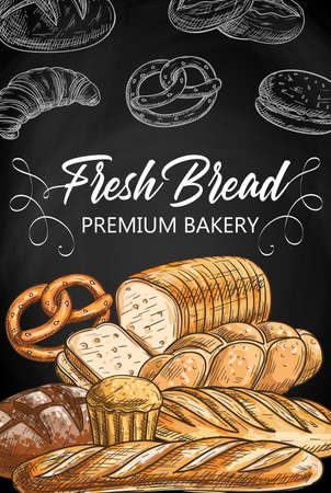 Bread and pastry food on chalkboard sketch vector. Baguette and batard, challah or brioche loaf, wheat, rye and cheese bread, pretzel and hamburger bun, fresh croissant. Bakery shop banner or posterのイラスト素材