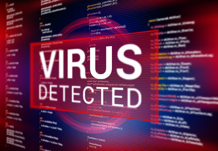 Virus detected warning alert message on computer screen. Hacking attack, spyware and malware program, malicious software, trojan danger background with program code line, threat warning notificationのイラスト素材