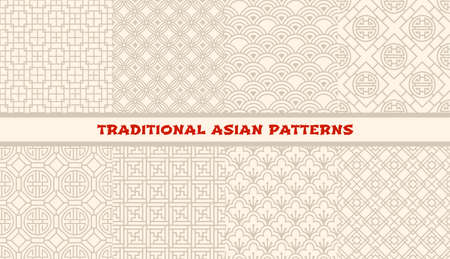 Asian ornaments seamless patterns. Korean, chinese and japanese abstract line background. Oriental decorative, floral and geometric vector backdrops, patterns for textile print, tile and covers designのイラスト素材