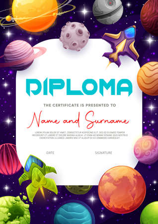 Kids diploma cartoon starships, fantastic planets and stars. Education vector school achievement award frame template with rockets. Certificate with futuristic galaxy world, shuttles in deep spaceのイラスト素材
