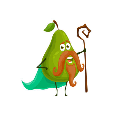 Cartoon pear fruit wizard or magician character, vector kids personage. Fairy tale peach sorcerer with magic stick or wand, fruit as wizard with beard and mustaches, kids funny cute fruitsのイラスト素材