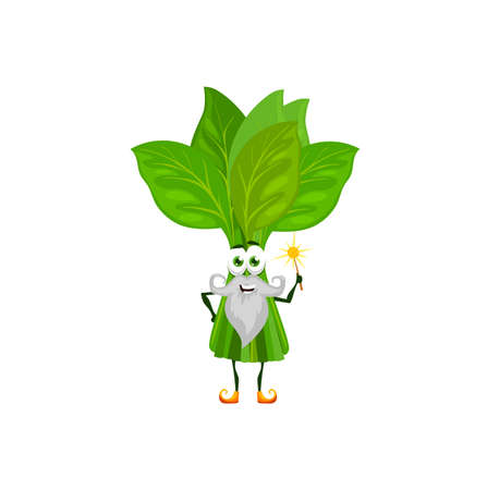 Cartoon green spinach wizard character or magician vegetable with magic wand. Vector cartoon personage of fairy tale sorcerer or spinach conjurer with golden magic wandのイラスト素材