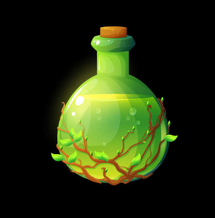 Potion bottle with leaves and branches, cartoon magic elixir flask with earth energy. Vector green witch poison with nature power, corkwood bung, air bubbles and glow. Alchemy ui object for magic gameのイラスト素材