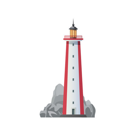 Sea lighthouse vector icon, coast searchlight beacon tower. Lighthouse beacon on cliff rock for ships navigation and safe seafaring, ocean harbor port light guide signalのイラスト素材