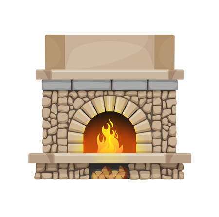 Home stone fireplace with flame and wood chunks. House interior design element, classic open hearth vector fireplace made of stone, bricks and marble or concrete mantel, logs in firewood storageのイラスト素材