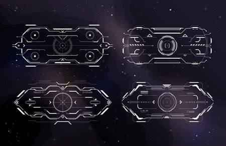HUD aim control frame interface futuristic target screen. Vector ski-fi monitors, digital UI techno elements, military optical spaceship aiming. Collimator radar sight, gun focus range indication setのイラスト素材