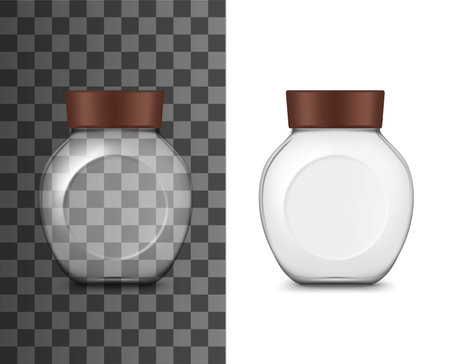 Coffee glass jar realistic packaging mockup. Vector blank glass bottle, can with flat side and screw lid, translucent pot for coffee, sugar or jam storage. Kitchen glassware, product container mock-upのイラスト素材