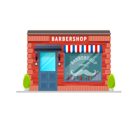 Barbershop service building storefront facade. Gentleman hairdresser salon, barber shop storefront with awning and scissors and mustaches sticker on window. City architecture, local business buildingのイラスト素材