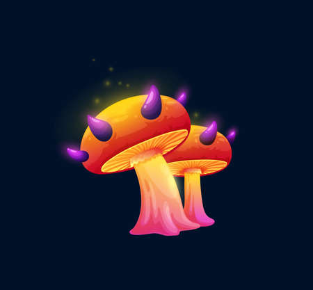 Fantasy magic mushroom with purple thorns. Alien planet extraterrestrial or fairytale mystical fungi cartoon vector GUI icon. Luminous mushroom with vibrant orange, glowing cap and spikesのイラスト素材