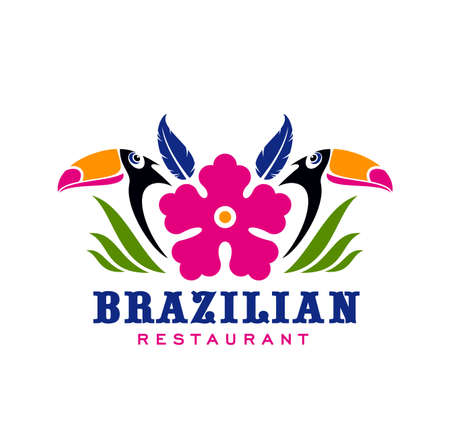 Brazilian cuisine restaurant icon with toucans couple in leaves, vector emblem. Brazil food bar or cafe and Brazilian gourmet restaurant menu cover sign with tropical birds in palm leafのイラスト素材