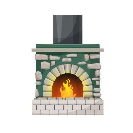 Home fireplace or hearth with burning fire flames. Vector fire place with gray stone facing and steel chimney, rock frame and mantelpiece, isolated cartoon house interior objectのイラスト素材