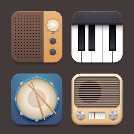 FM radio, piano and drum music app interface icon. Vector 3d realistic vintage receiver, percussion and key musical instruments square buttons set for music channel, mobile application, ui designのイラスト素材
