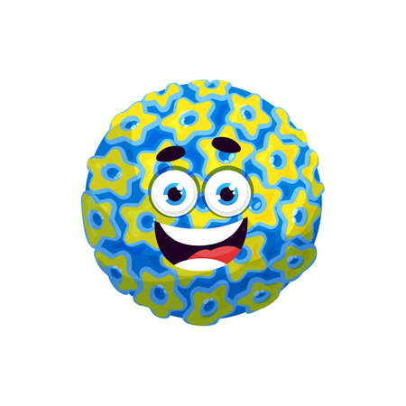 Cartoon coronavirus character with funny face. Vector corona virus, bacteria or germ cell with toothy laughing facial expression. Isolated smiling pathogen microbe monster with big eyes and pimplesのイラスト素材