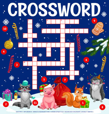 Christmas kids crossword grid worksheet, find a word quiz game, vector puzzle. Crossword riddle to guess Christmas characters pig and hedgehog with squirrel and Santa gifts at Xmas treeのイラスト素材