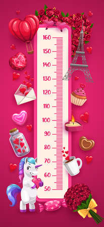 Kids height chart of love and care, growth measuring meter with cartoon red hearts, rose flowers and candies. Romantic centimeter ruler vector scale with unicorn, candle, cupcake and coffeeのイラスト素材