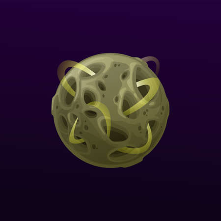Mysterious planet with holes and rings. Asteroid or Sci-Fi space world, alien galaxy planet, GUI element or cartoon moon vector icon with deep craters on surface, geysers of magnetic field tracesのイラスト素材