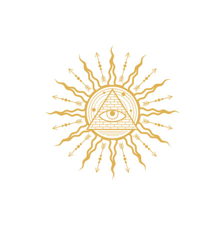 Occult esoteric symbol egyptian all-seeing eye inside of pyramid with solar system planets in sun with radiant rays. Vector spiritual magic emblem, isolated alchemy, wicca or pagan signのイラスト素材