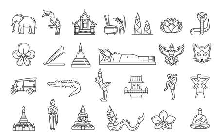 Thailand travel landmarks and thai national symbols. Vector icons of Bangkok temples and palaces. Thailand tourism sightseeing Buddha and tuk tuk, muay thai boxing, dragon and elephantのイラスト素材