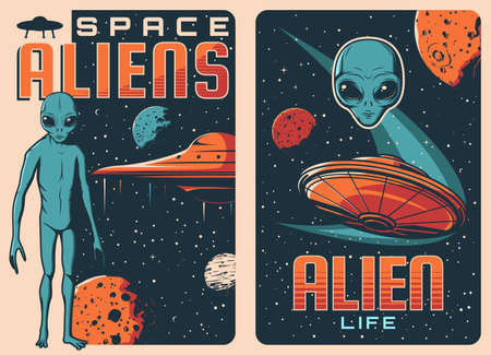 Aliens and UFO retro posters. Extraterrestrial life and spaceships, space exploration vector vintage banners with flying saucer, far galaxy planets and humanoid alien with big eyes and blue skinのイラスト素材