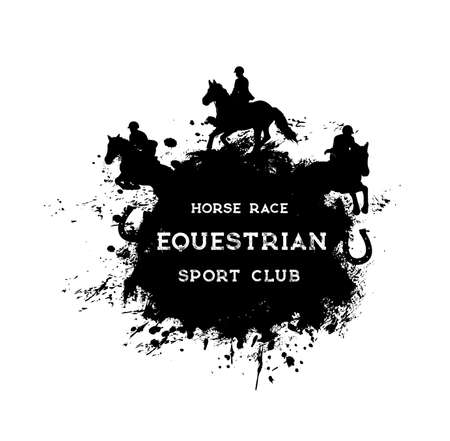 Horse racing, riding and polo, equestrian sport grunge vector banner. Equine races sport emblem of horse racing tournament. Jockey polo or steeplechase rides, horseshoe on black paint splashのイラスト素材