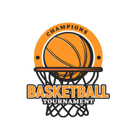 Basketball sport icon with ball in hoop. Basketball teams tournament, sport game competition and streetball championship retro vector emblem, sticker or label with basketball ball in netのイラスト素材