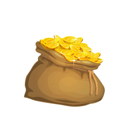 Cartoon treasure bag with gold coins. Vector isolated money bag, old sack or ancient purse with rope full of golden cash and currency. Game prize, rich, jackpot, wealth or finance themesのイラスト素材