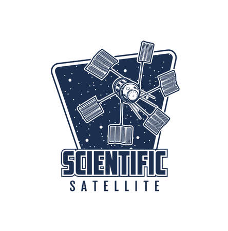 Scientific space satellite icon. Galaxy research and cosmos exploration technology retro vector emblem or icon with space telescope, telecommunication, navigation or weather observation satelliteのイラスト素材