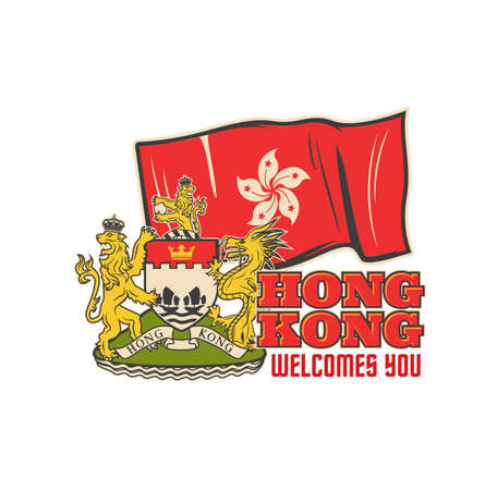 Coat of Arms, Hong Kong travel icon. Asian journey, China city travel vector badge, retro label or vintage icon with red flag, Hong Kong regional emblem and coat of arms with lion and dragonのイラスト素材