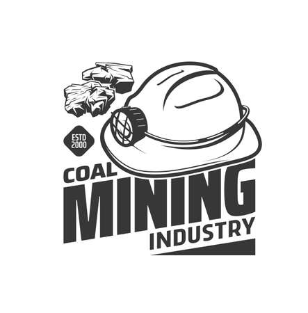 Mining industry icon with miner hat and coal or ore, vector. Coal mine or quarry excavation factory mining equipment and tools, hardhat with lamp, metal ore production and extractionのイラスト素材