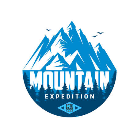 Mountain expedition icon. Vector emblem for tourism and climbing sport with rock tops, coniferous forest and snowy peaks. Outdoor explore activity, extreme and adventure club, travel isolated labelのイラスト素材