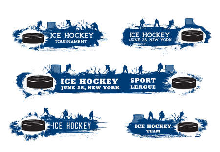 Ice hockey sport grunge banners with players, vector tournament or championship match emblems. Blue silhouette of goalkeeper, defender and forward players with puck and ice hockey stickのイラスト素材