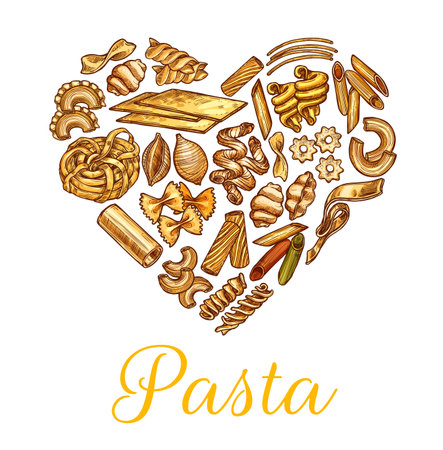 Italian pasta sketch heart. Italian food restaurant emblem, pasta meals menu hand drawn vector cover with tagliatelle, conchiglie and farfalle, penne, eliche and tortiglione, stelle, kanelone pastaのイラスト素材