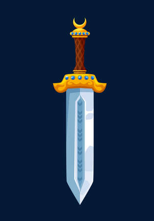 Magical cartoon steel sword blade with golden hilt, vector warrior dagger icon. Medieval sword, knight weapon or knife blade, sword or royal warrior dagger with golden handle for gameのイラスト素材