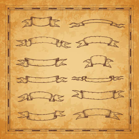 Vintage heraldic ribbon, pennant and banner sketches, ancient map elements. Vector engraved antique royal ribbons on torn papyrus paper with frame, curled hand drawn bands or ribands on parchmentのイラスト素材