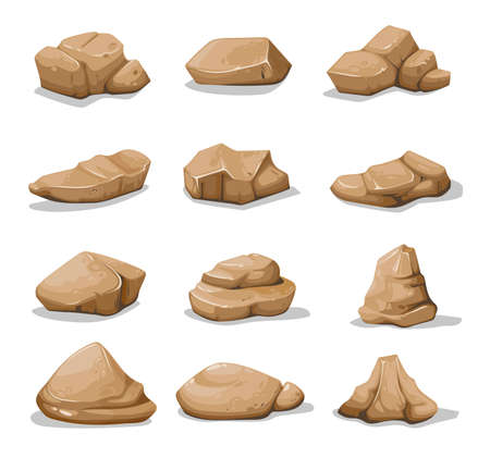 Cartoon brown rock stones and boulders, vector gravel and cobble. Rock stones or debris of rubble blocks, granite pebbles in piles and cracked mountain formation gravel piecesのイラスト素材