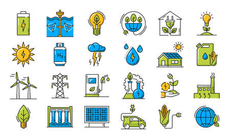 Environment and clean green energy line icons. Green technology of electricity and bio fuel production outline vector icons set with electric car, solar, wind and hydro power station, geothermal plantのイラスト素材