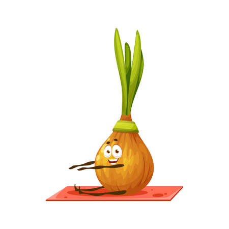 Onion with green leaves cartoon character in band stretching on fitness yoga pilates mat, isolated mascot. Vector sportive emoticon doing exercises, sport activity workout of healthy vegetable foodのイラスト素材