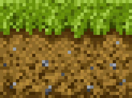 Pixel grass and ground blocks vector pattern of cubic pixel game background. Craft blocks with green, brown and gray 8 bit rough texture, arcade game level or nature landscape scene designのイラスト素材