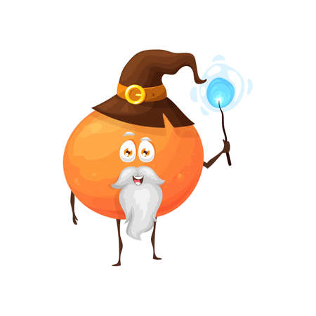 Cartoon orange fruit wizard or magician character, vector kids fairy tale personage. Funny cute orange fruit as wizard or sorcerer with magic wand or power stick and witch hatのイラスト素材