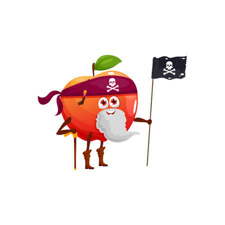 Red apple with leaf isolated cartoon character pirate emoticon. Vector vegetarian dessert, dieting food corsair buccaneer with flag, bandana jolly roger, beard and boots. Cute kids children emojiのイラスト素材