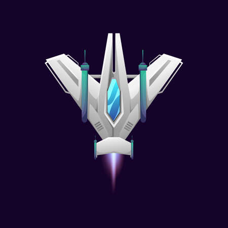 Space-craft, external galaxy explorer isolated kids toy, game asset panel element. Vector cartoon space galaxy explorer. Spacecraft, comic starship shuttle launch or takeoff, ufo travel in galaxyのイラスト素材