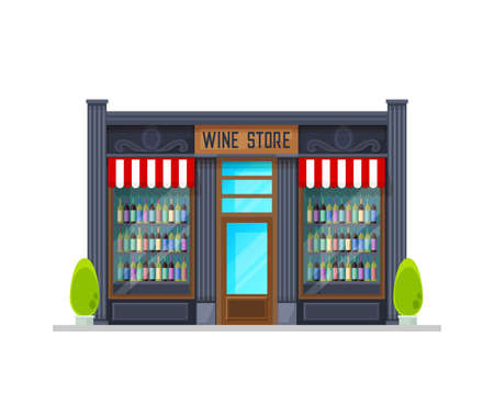 Wine store building, vector store front with alcohol bottles on shelves and canopy over window, glass door and signboard. Isolated storefront facade graphic design. Alco winery, market house exteriorのイラスト素材