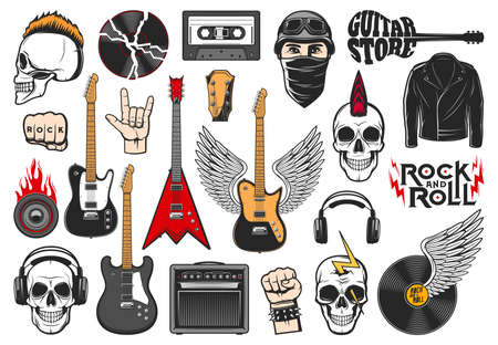 Rock music isolated vector icons of rock and roll, heavy and grunge metal guitars, loudspeaker and headphones. Rocker skulls with mohawk, lightnings and fire flame, vinyl record and audio cassetteのイラスト素材
