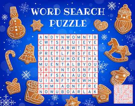 Christmas gingerbread, word search puzzle game worksheet or kids quiz, vector riddle. Crossword puzzle riddle to find Christmas gingerbread cookies of Santa, Xmas tree and snowflake and deerのイラスト素材