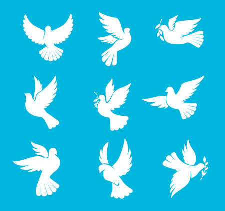 Christmas dove or wedding pigeon silhouettes, vector bird of peace and winter holiday. White dove with olive branch leaf, symbol of hope and freedom, wedding or Christmas greeting card iconsのイラスト素材